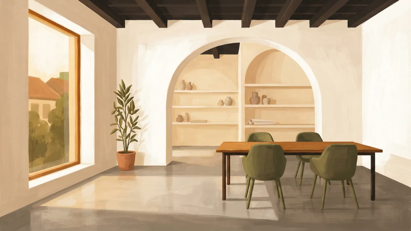 A wide interior view of an empty minimalist office with a desk and chairs.