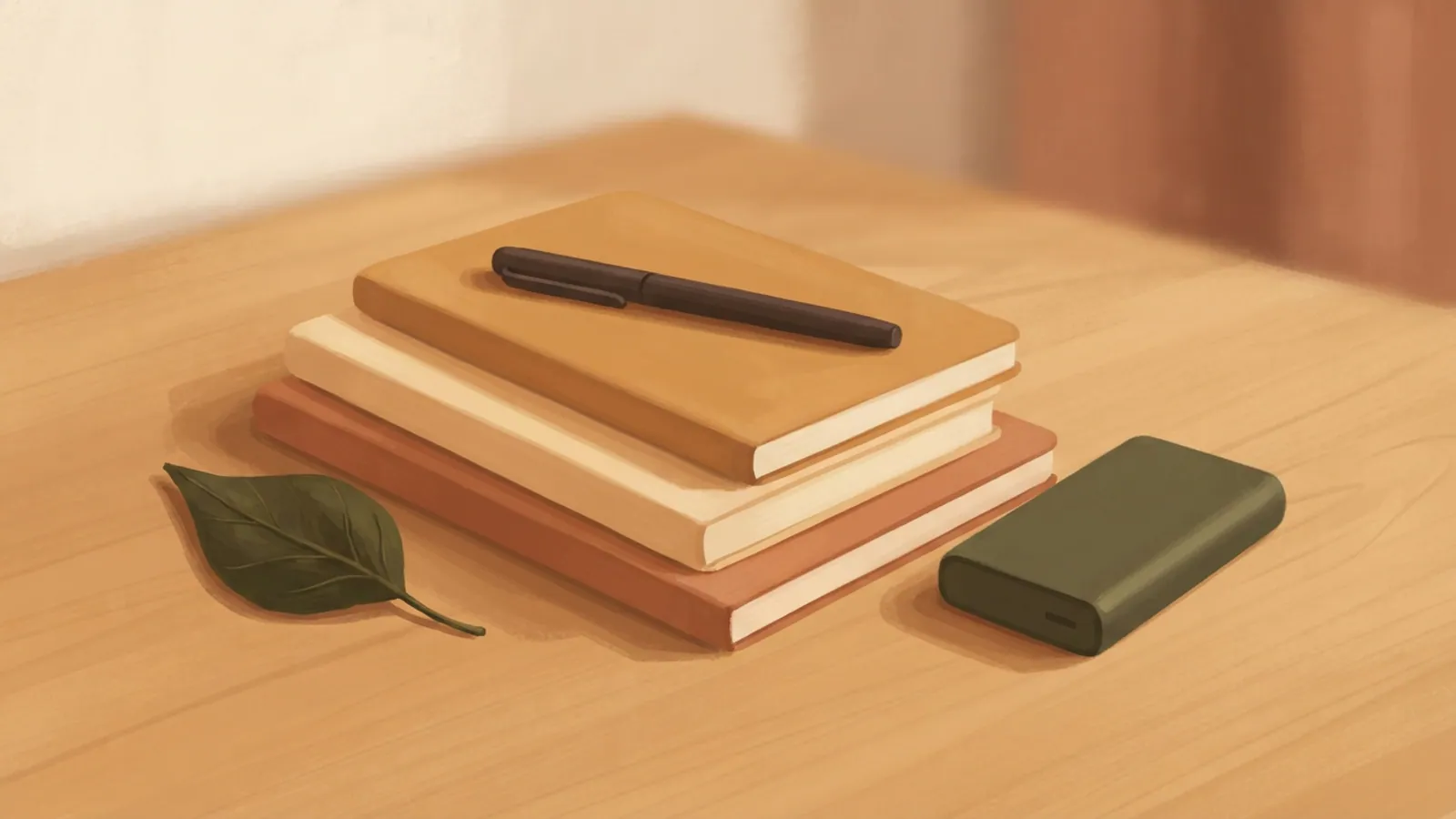 A still life of notebooks, a pen, a power bank, and a leaf on a wooden desktop.