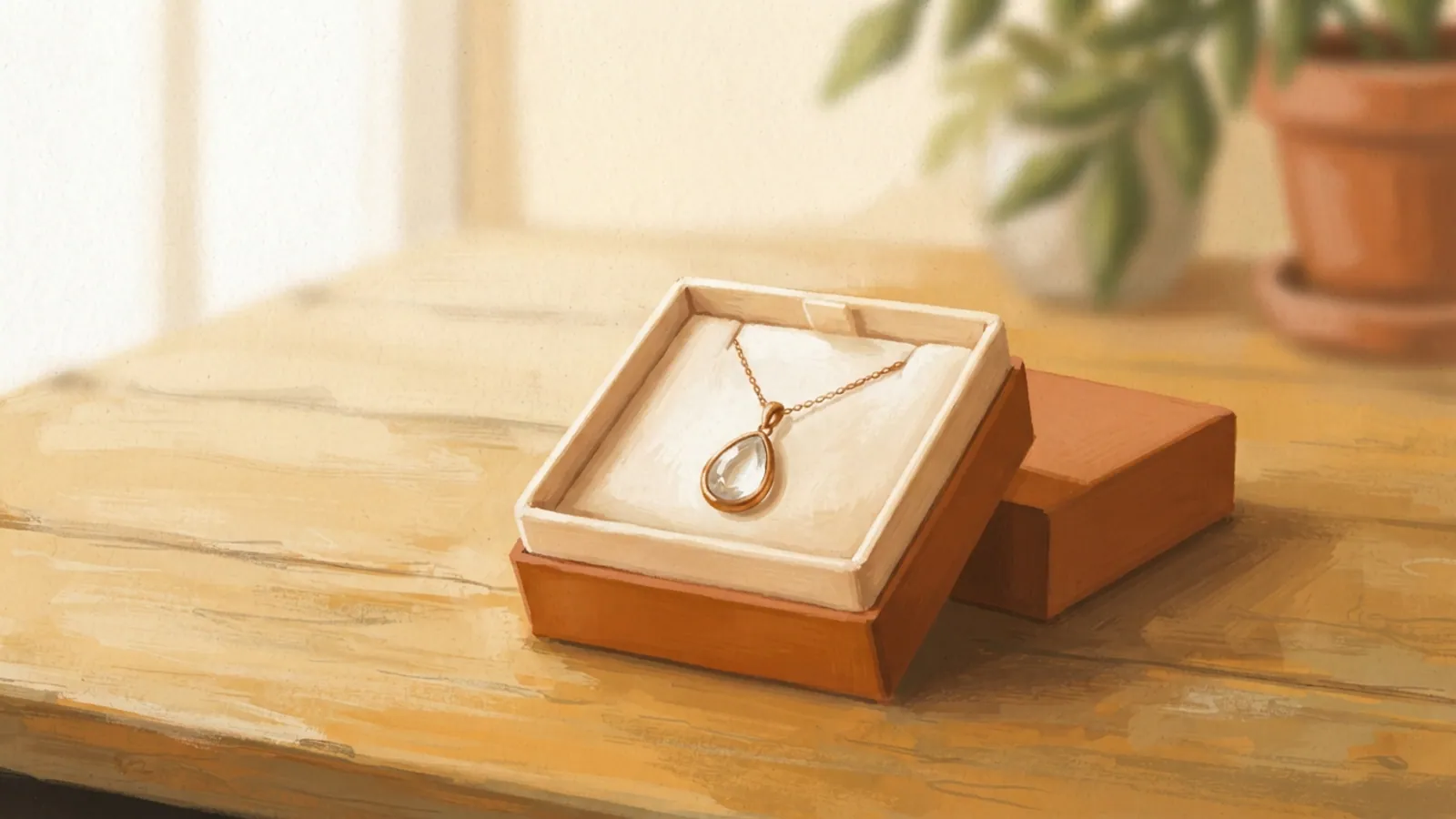 A close-up of an open gift box containing a pendant with a clear stone.