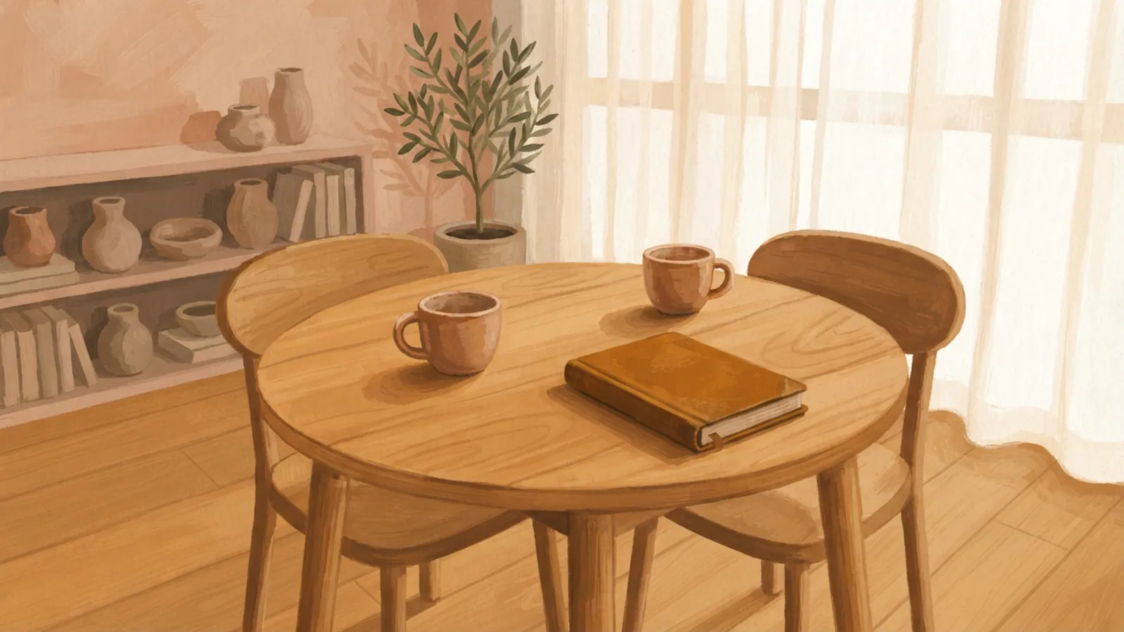 A quiet room with a round wooden table, two ceramic tea cups, and a closed notebook.
