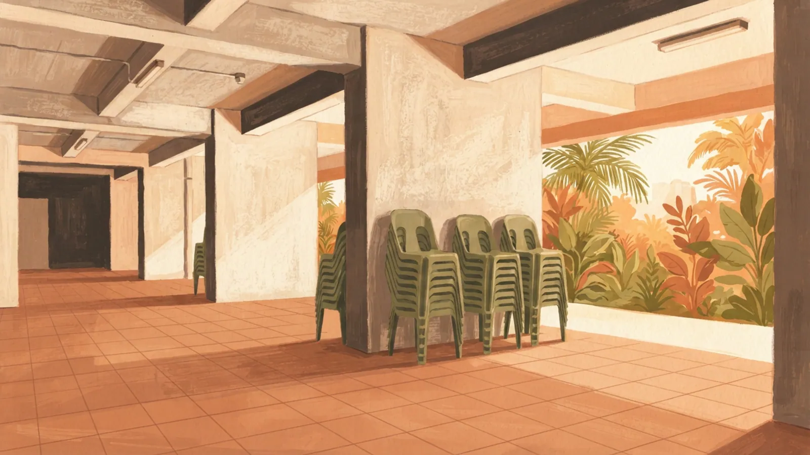 An empty HDB void deck with stacked chairs against a pillar, bathed in warm afternoon light.