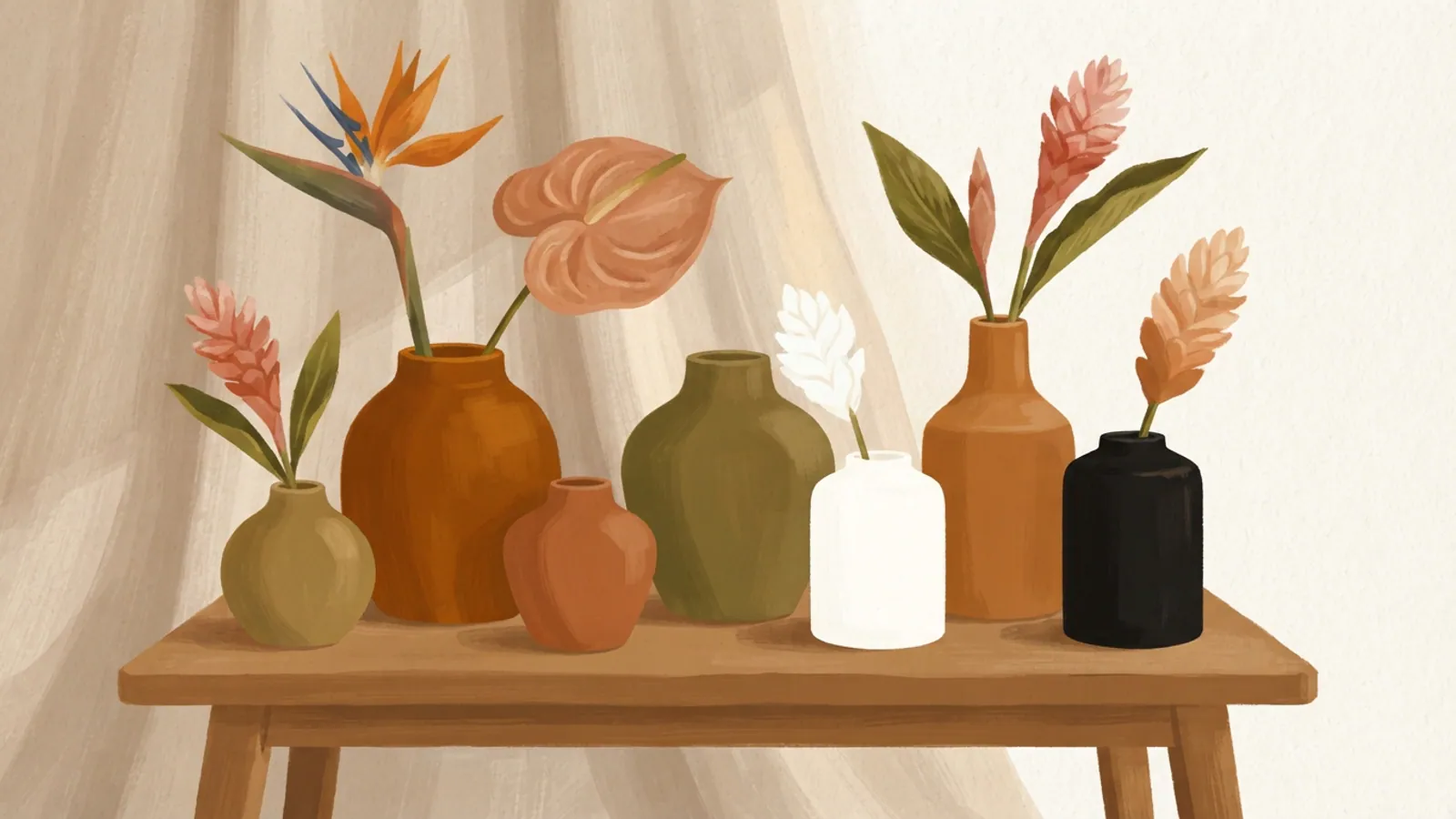 A close-up of unadorned ceramic vases with tropical blooms on a wooden table.