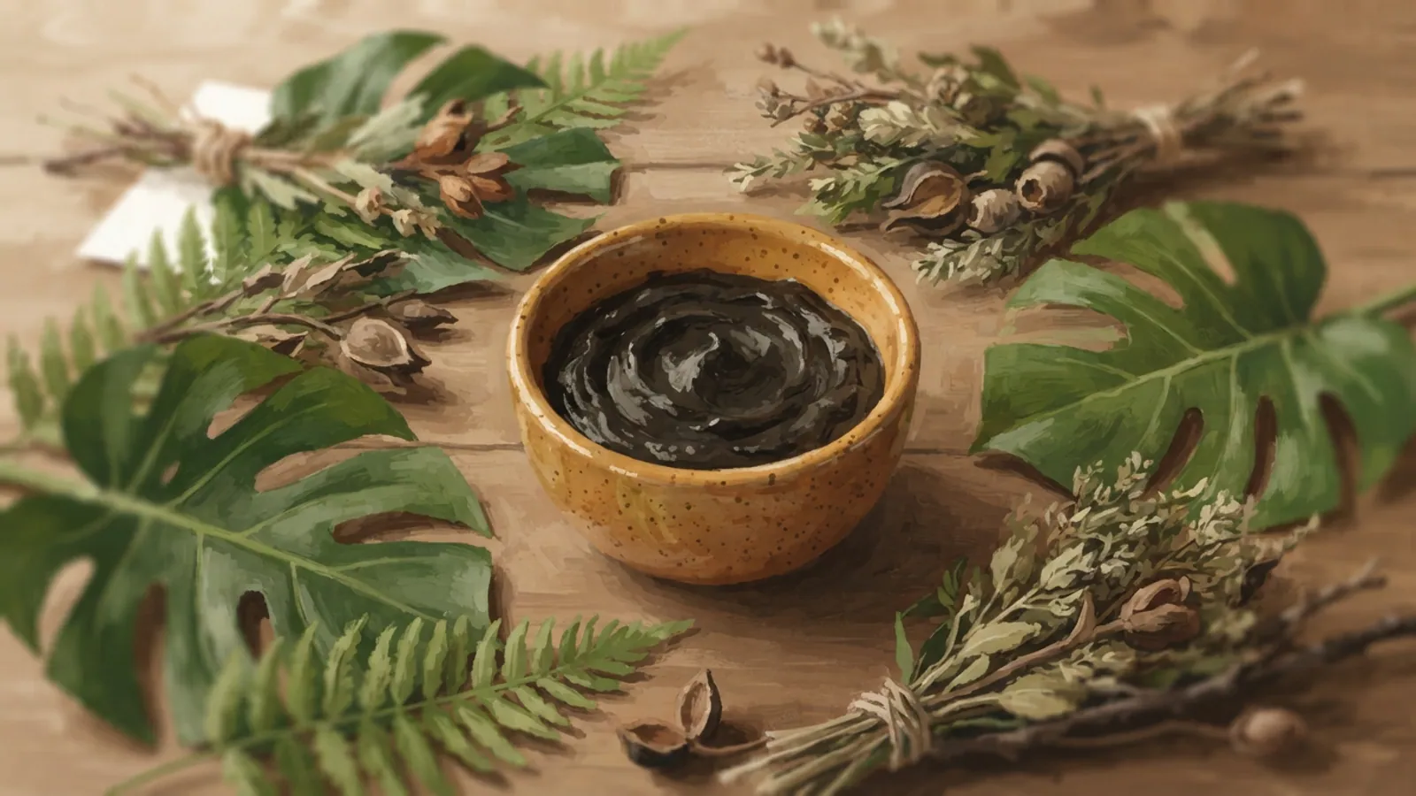 An overhead view of a ceramic bowl with herbal paste, surrounded by tropical leaves and dried herbs.
