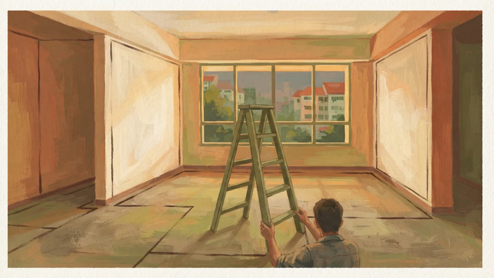 An empty room with a stepladder in the center and a person holding it, looking out a window.