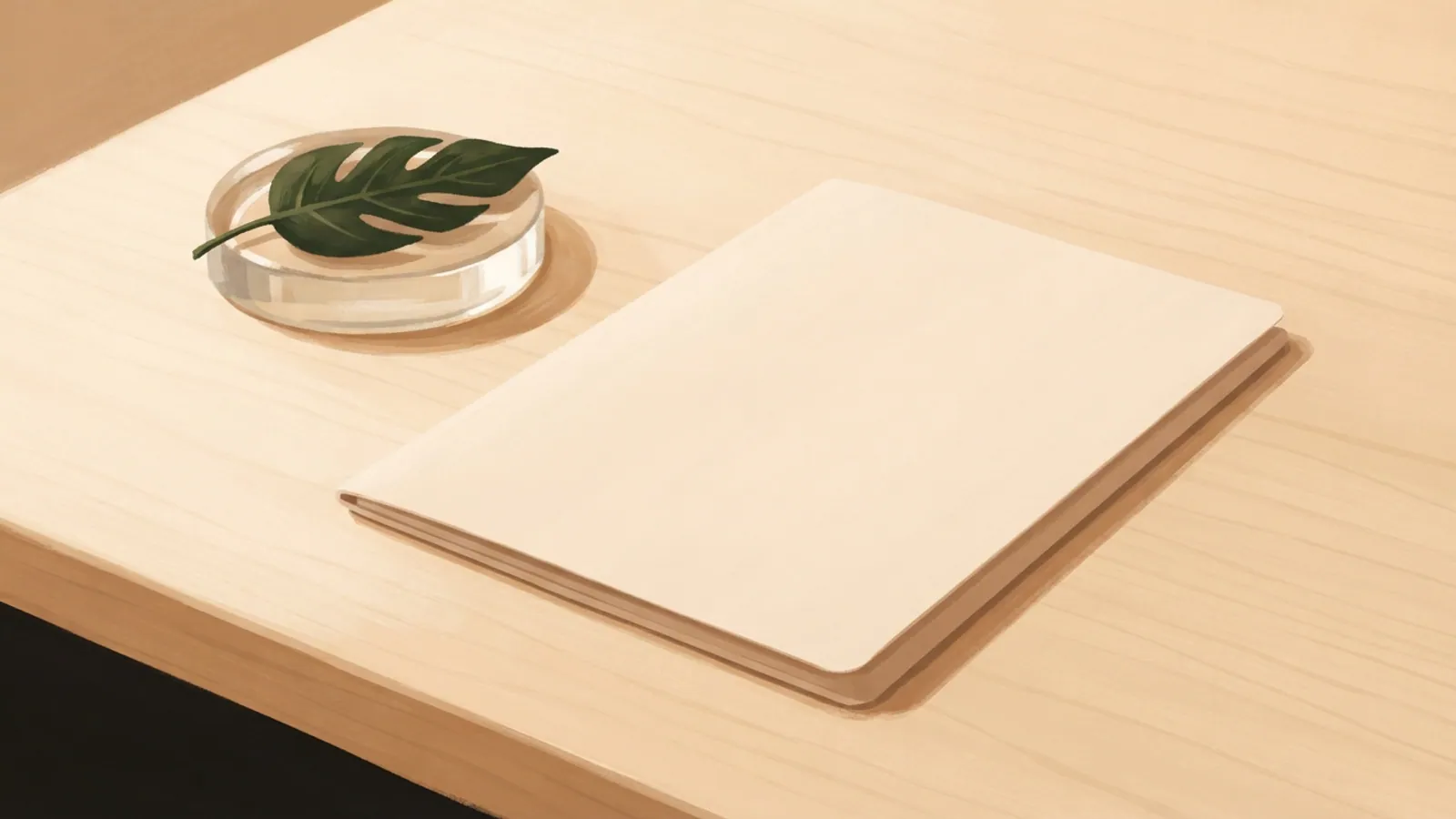 A plain folder and a glass paperweight with a leaf on a wooden table.