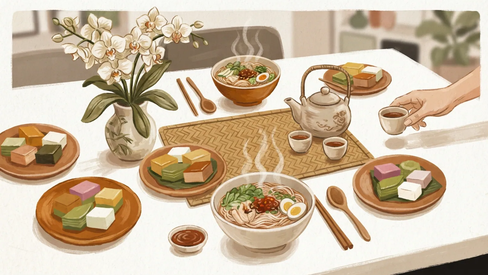 A dining table set for a welcome meal with noodles, tea, kueh and orchids.