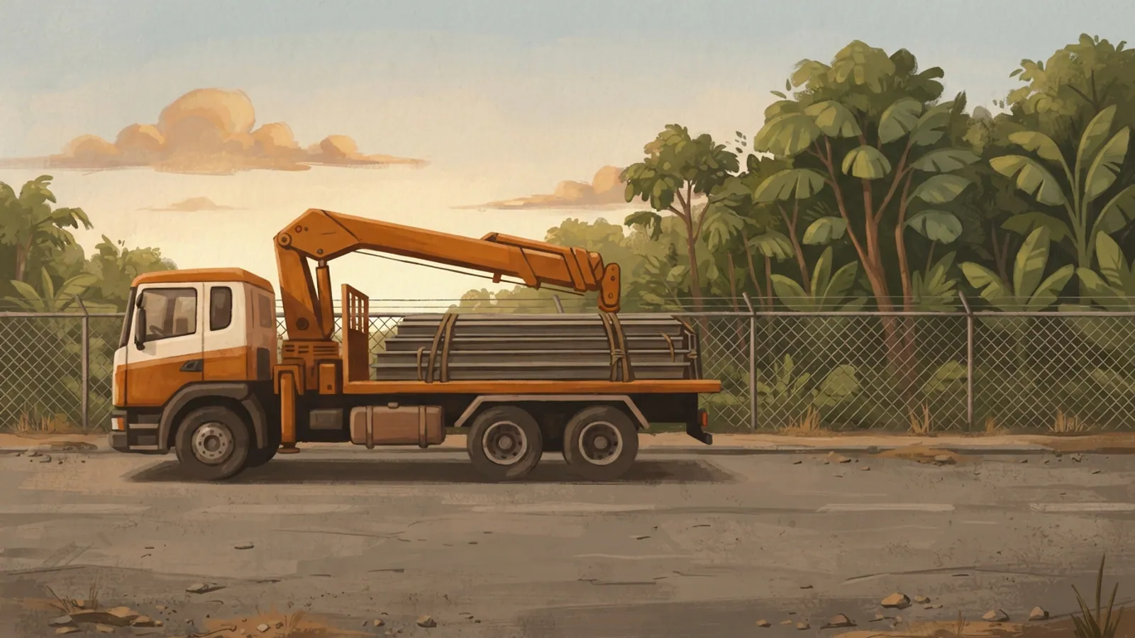 A lorry crane truck with a folded arm and steel beams on a quiet industrial road at dawn.