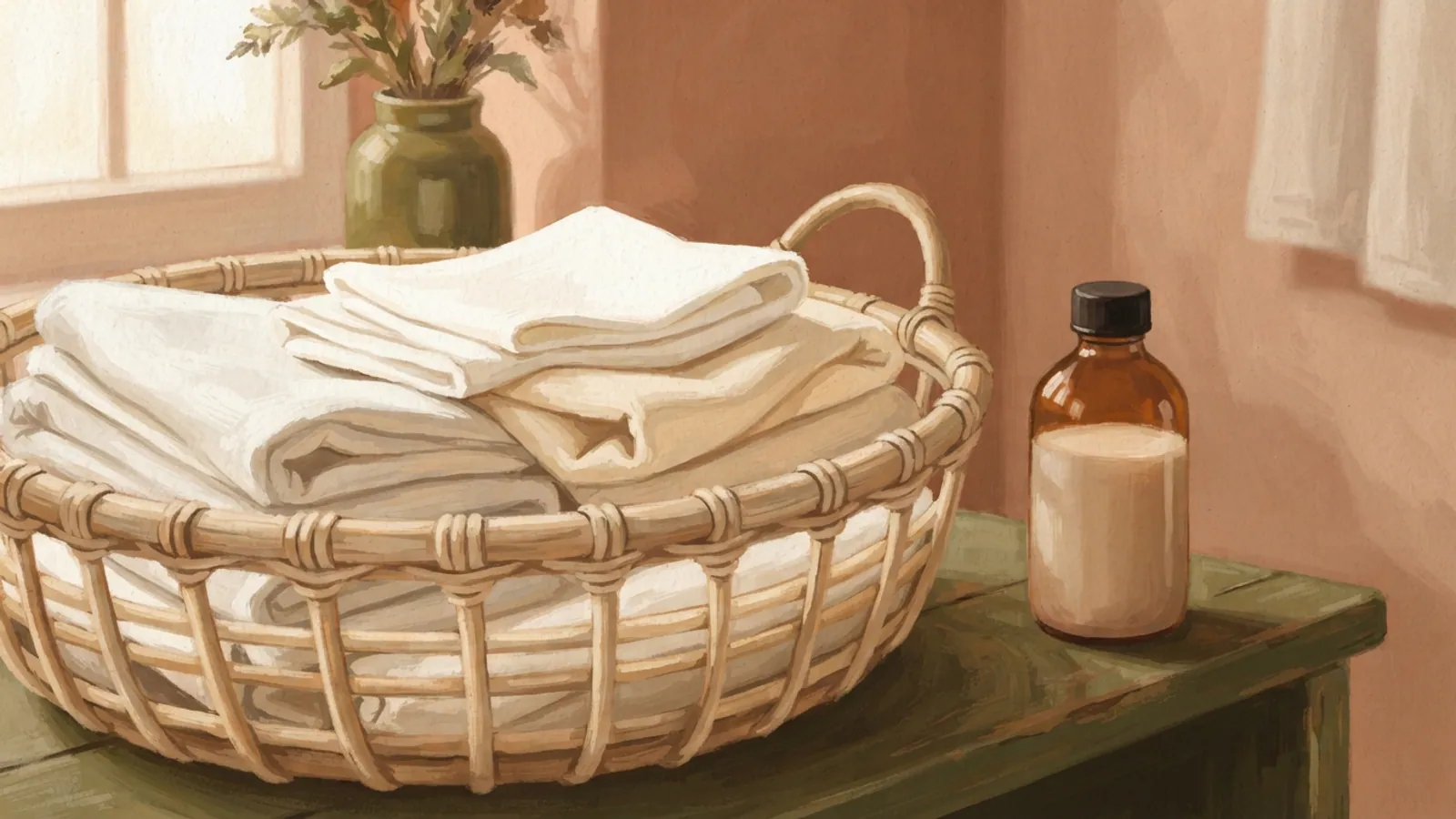 A basket of folded white linens and an unlabelled bottle of softener.