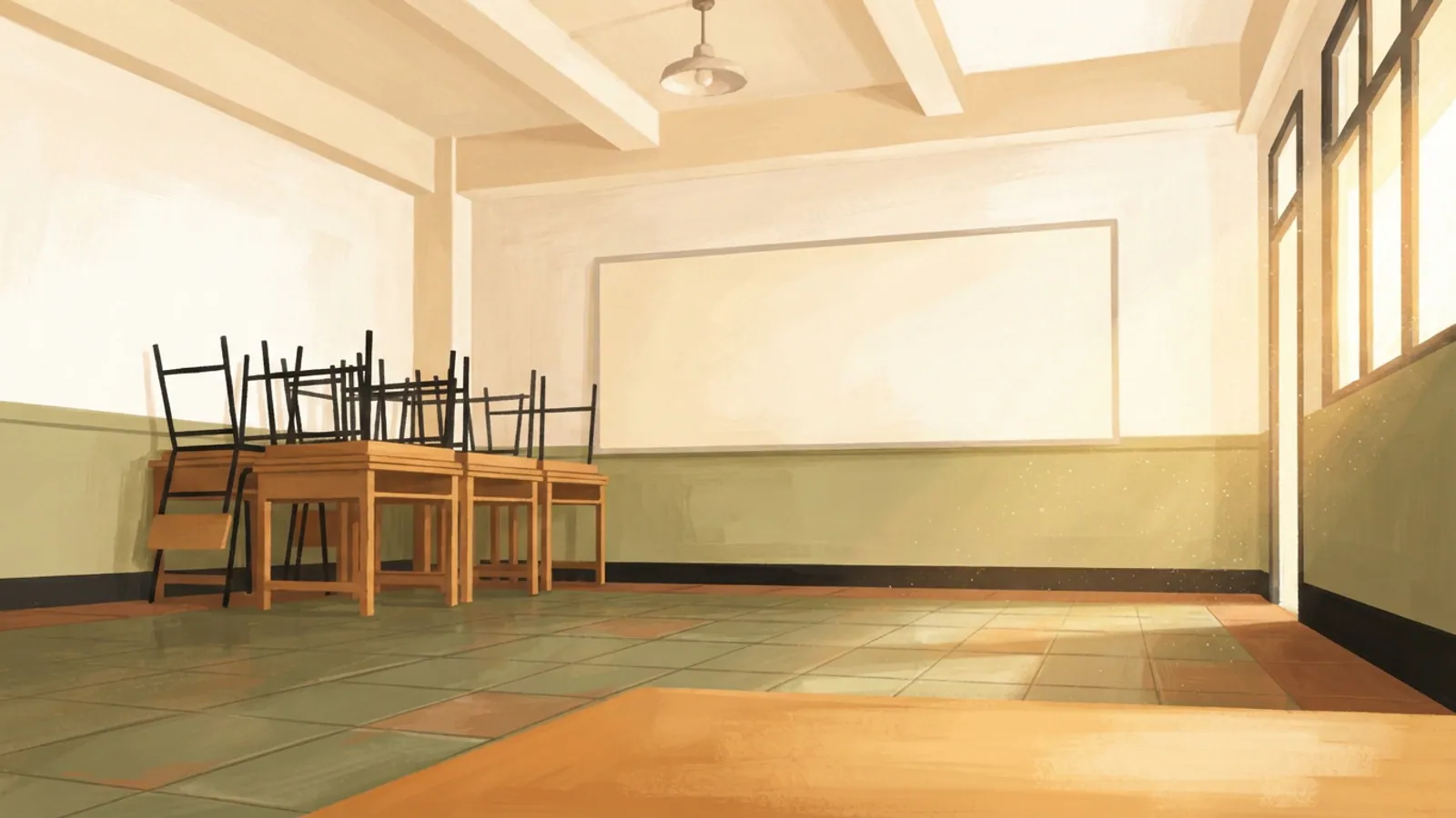 An empty classroom with a whiteboard, stacked tables and chairs, and a window.