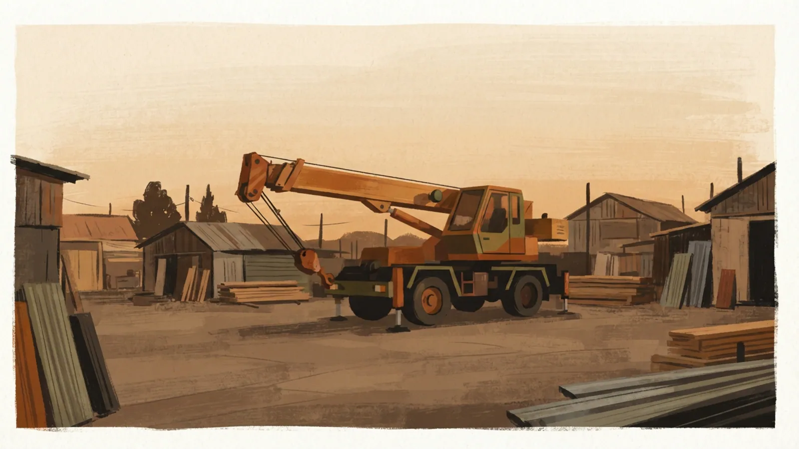 A large mobile crane stands in an empty industrial yard at dusk.