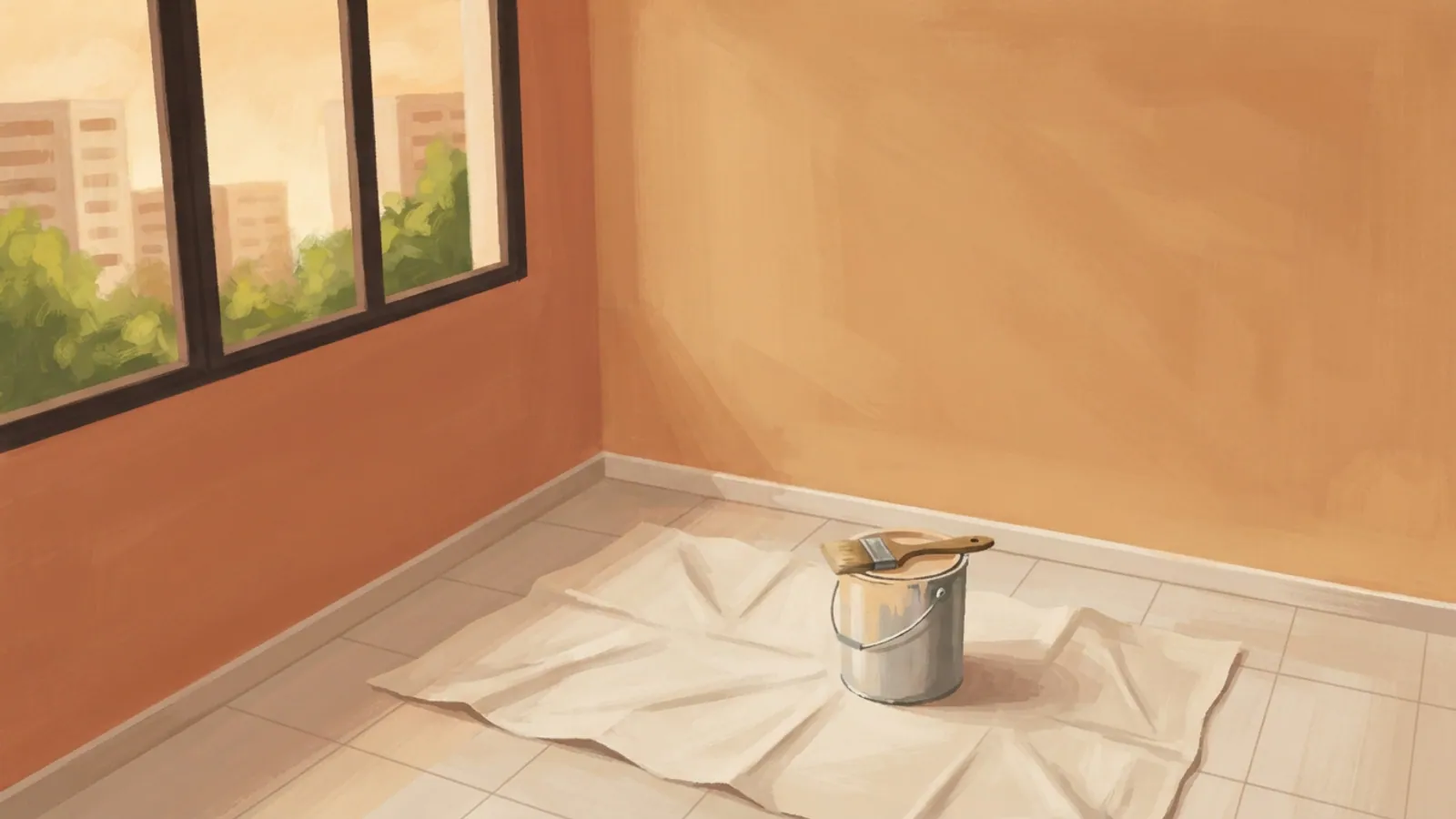 An unlabelled paint bucket on a drop cloth in an empty, freshly painted HDB room.