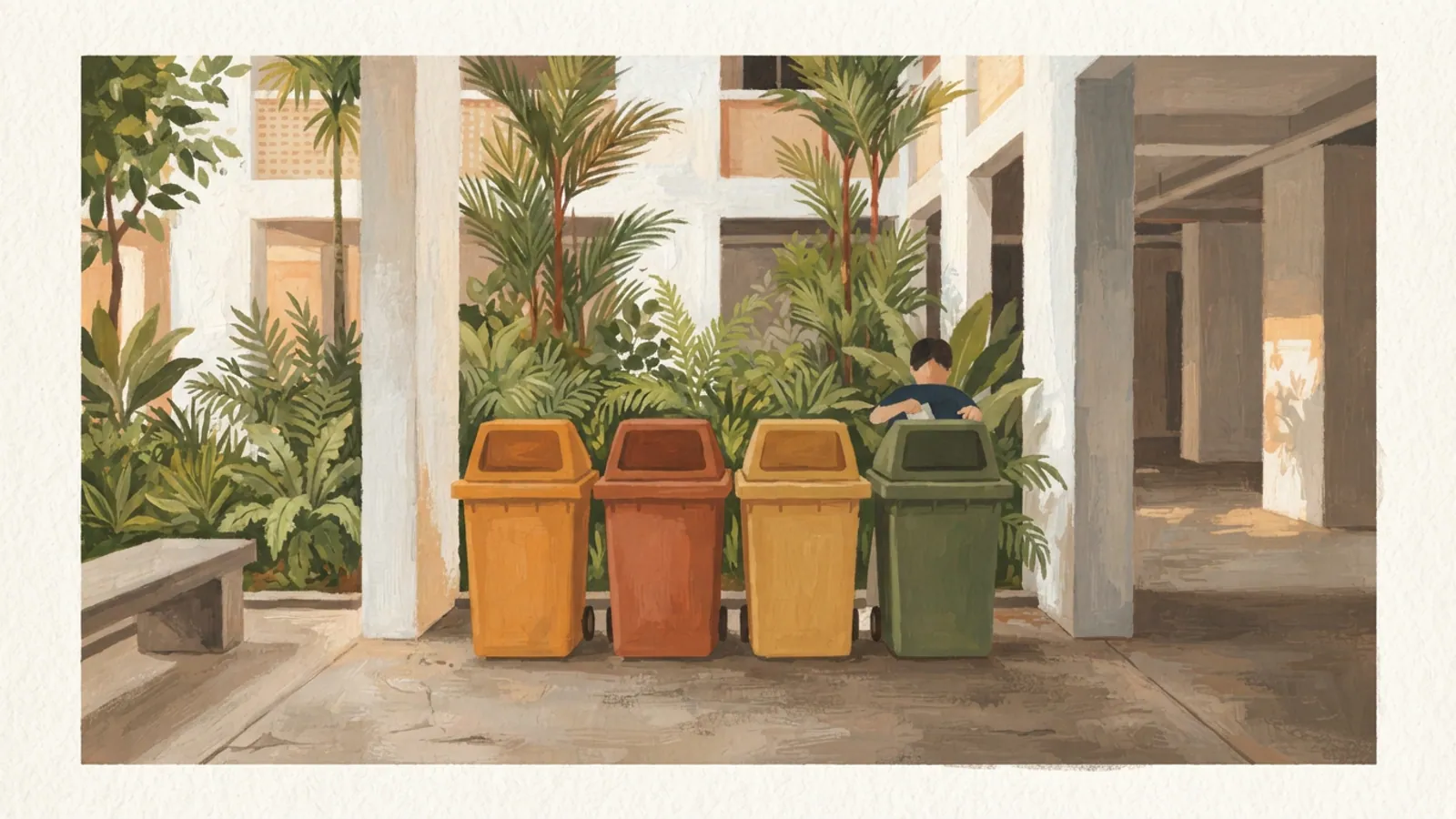An HDB void deck recycling corner with four plain bins and a person placing an item in one.