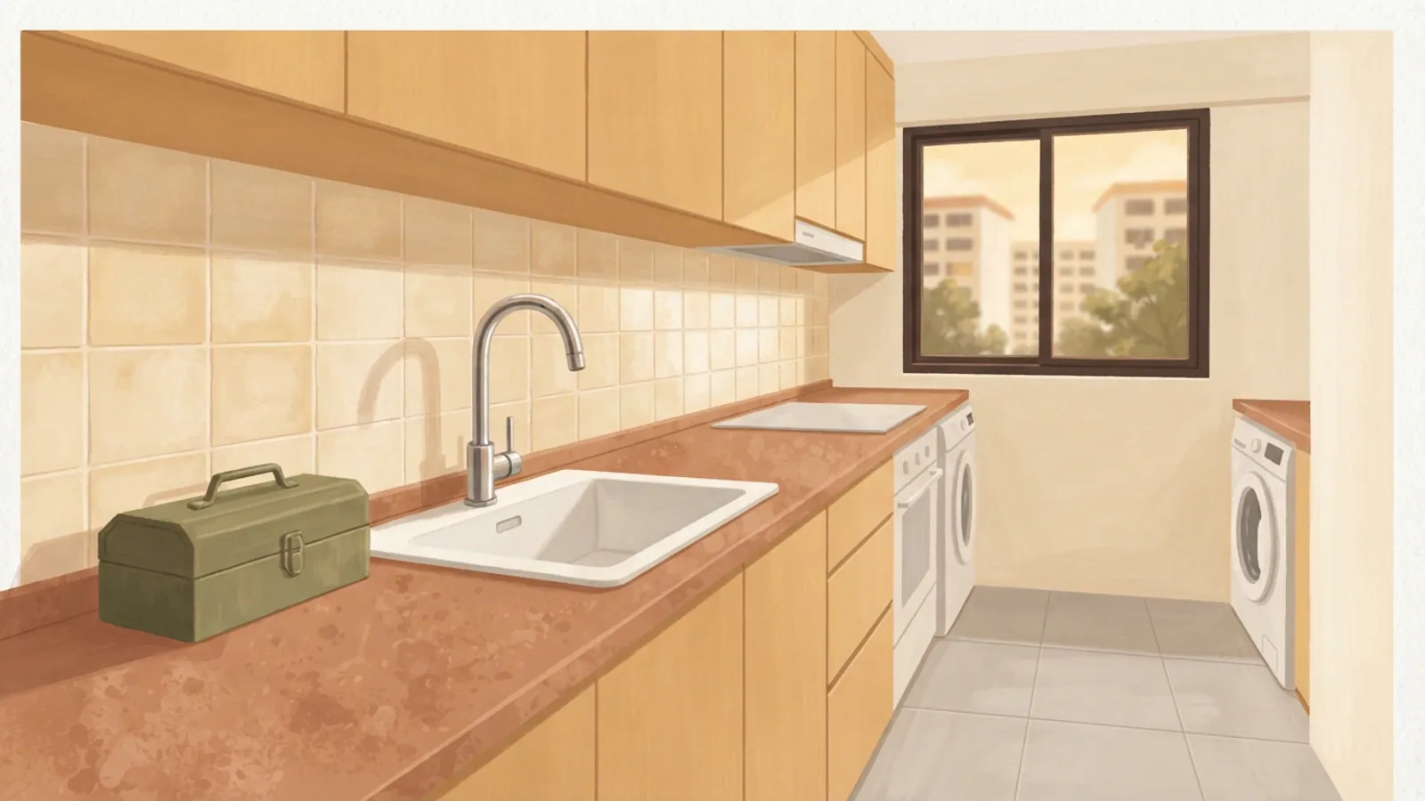 A clean HDB kitchen with a new faucet and an unlabelled toolbox on the counter.