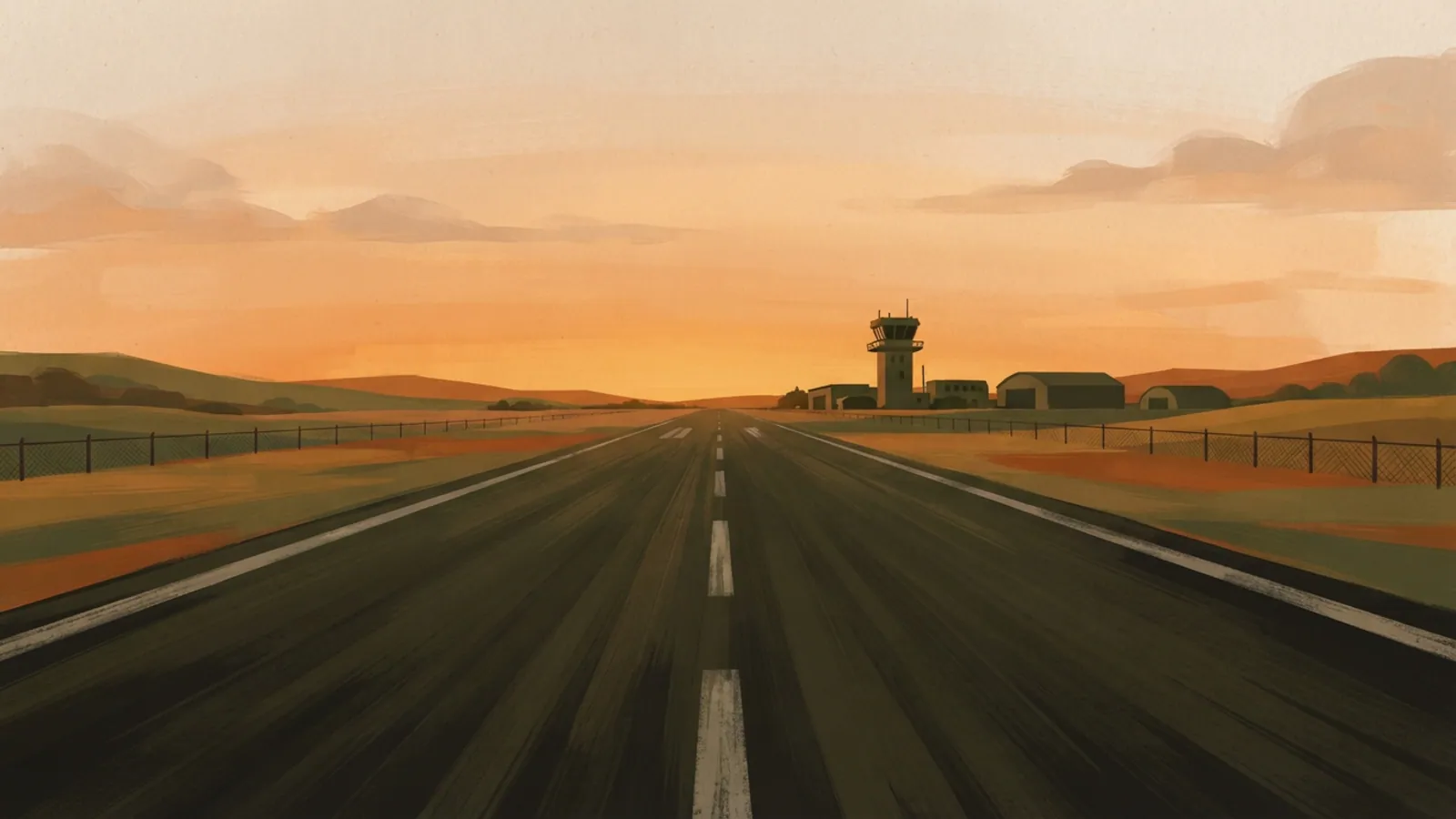 An empty airport runway at dawn with a distant control tower silhouette.