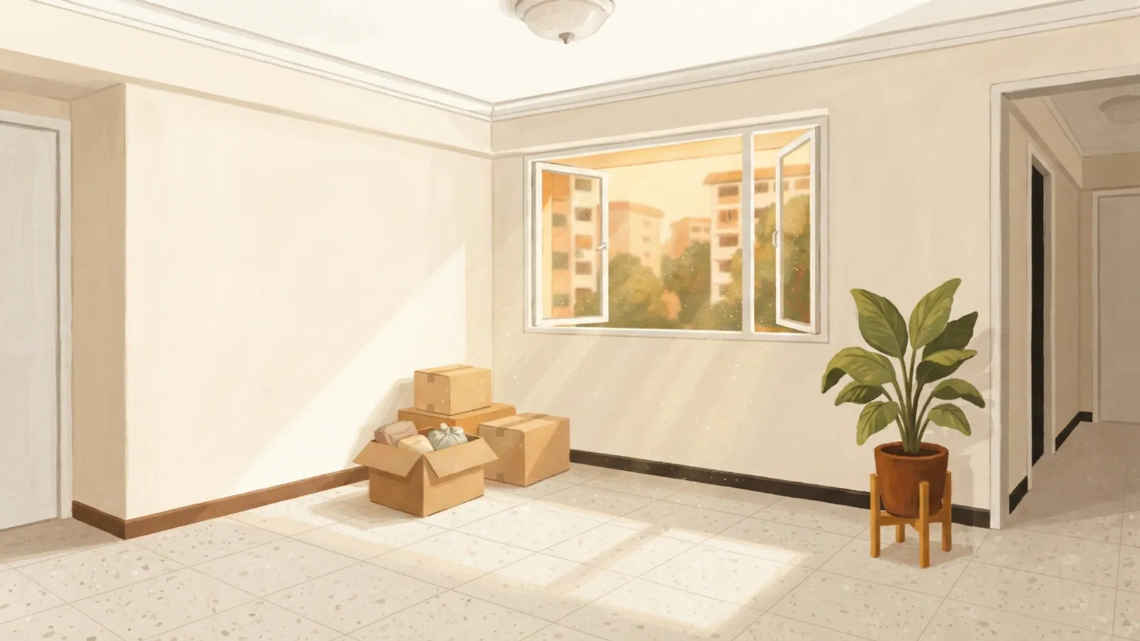 An empty HDB living room with moving boxes and a tropical plant.