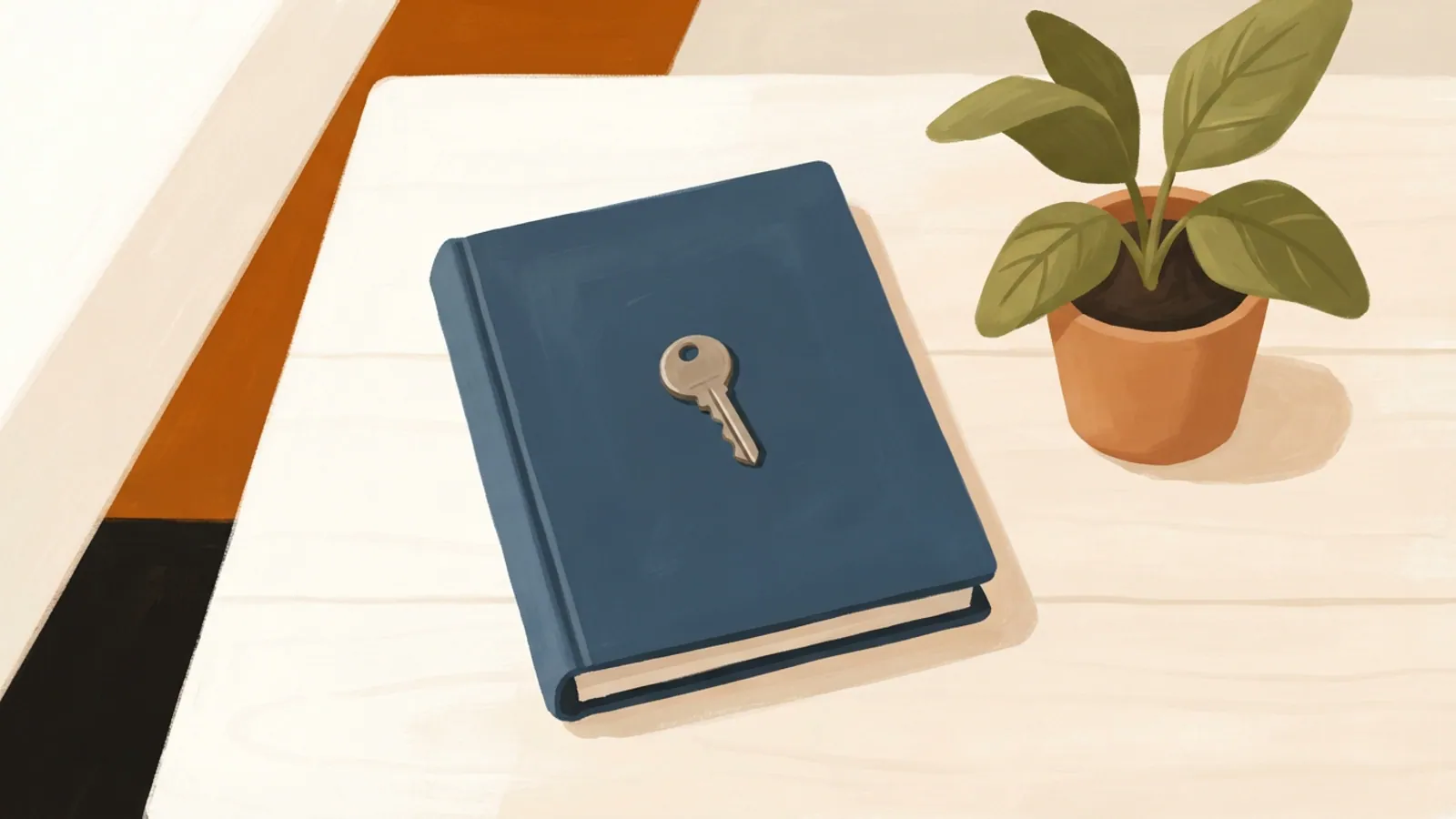 A closed, plain dark blue binder with a single key on top, and a small potted plant on a wooden table.