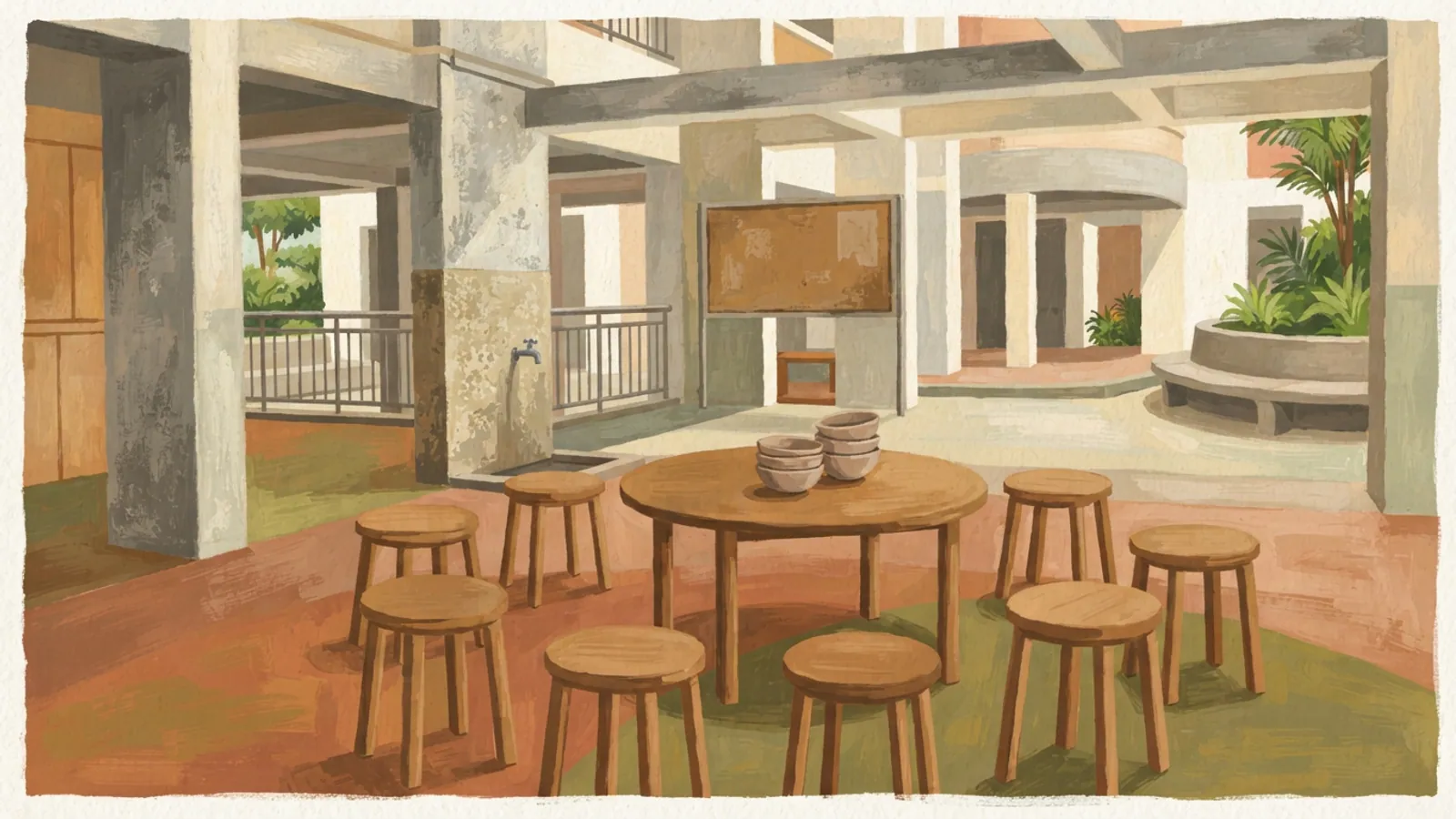 An empty HDB void deck communal space with wooden stools and a round table.