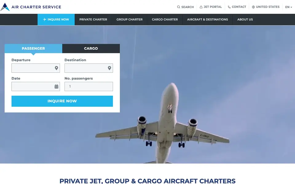 Air Charter Services website homepage, 4 Oct 2026