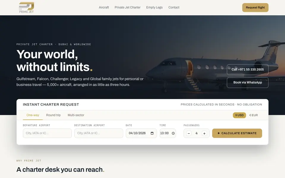Prime Jet Services website homepage, 4 Oct 2026