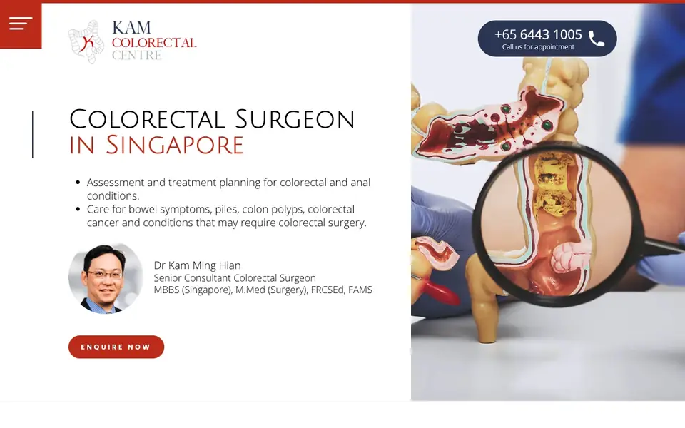 Kam Colorectal Centre website homepage, 4 Oct 2026