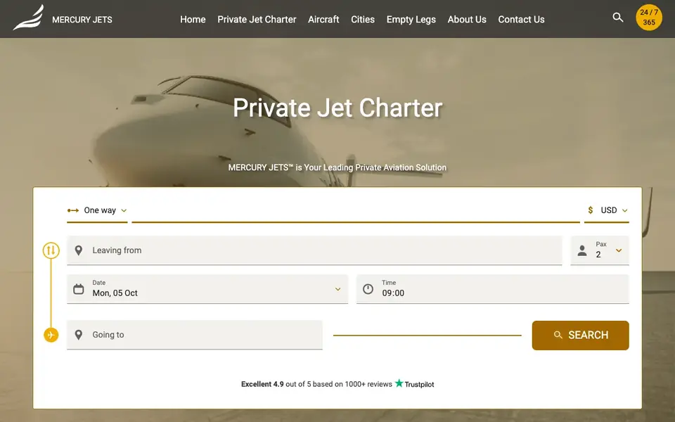 Mercury Jets website homepage, 4 Oct 2026