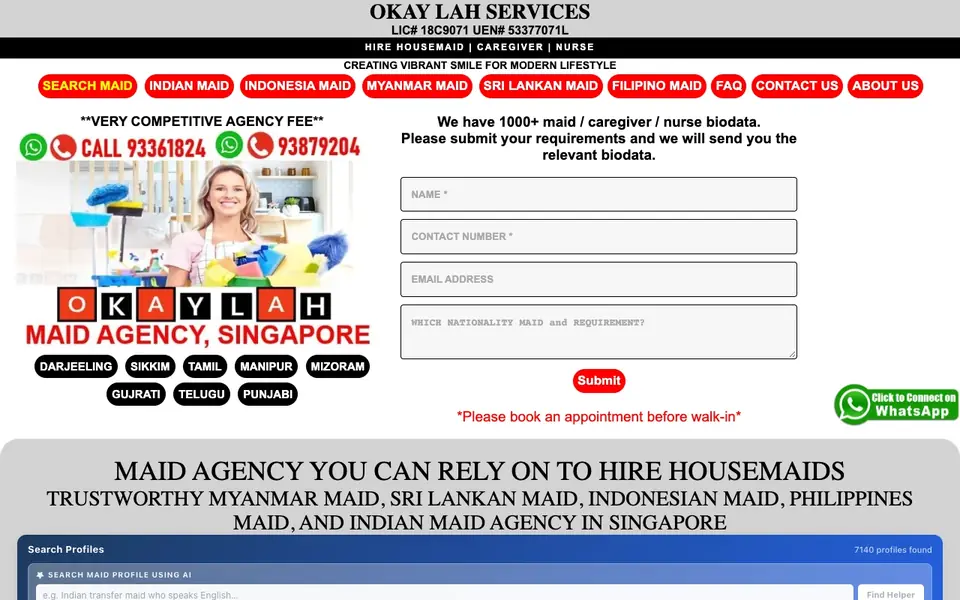OkayLah Services Indian Maid Agency website homepage, 4 Oct 2026