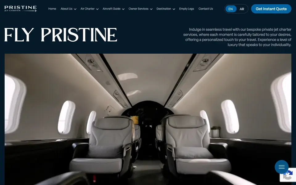 Pristine Jet Charter website homepage, 4 Oct 2026
